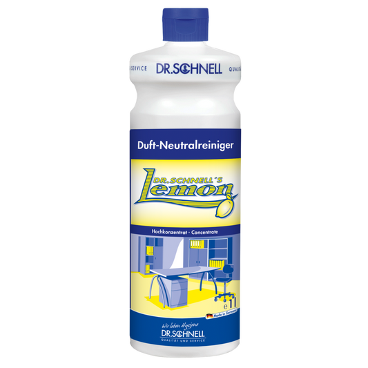 Eine Kunststoffflasche von Dr. Schnell DR.SCHNELL'S LEMON der DR.SCHNELL GmbH & Co. KGaA, mit blauem Verschluss und gelb-blauem Etikett, das eine moderne Küche zeigt, ideal für die Haushaltsreinigung.