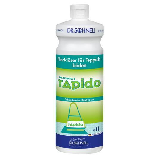 Eine 1-Liter-Kunststoffflasche DR.SCHNELL RAPIDO Flecklöser für Teppiche und Polster von DR.SCHNELL GmbH & Co. KGaA, mit blauem Verschluss, weiß-grünem Etikett mit deutschem Text und einem Teppichreinigungssymbol.