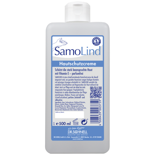 Eine 500 ml Flasche Dr. Schnell SAMOLIND Hautschutz der DR.SCHNELL GmbH & Co. KGaA mit blau-weißer Beschriftung, Produktdetails, Barcode, QR-Code und Text zum Hautschutz mit Vitamin E für die professionelle Anwendung.