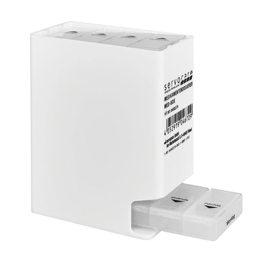 Die Servocare Med-Box für Tabletten der Servoprax GmbH ist ein weißer rechteckiger Behälter mit Ausziehmechanismus und verfügt über separate, mit Wochentagen beschriftete Fächer zur geordneten Aufbewahrung von Medikamenten oder Nahrungsergänzungsmitteln sowie einem sichtbaren Barcode an der Seite.