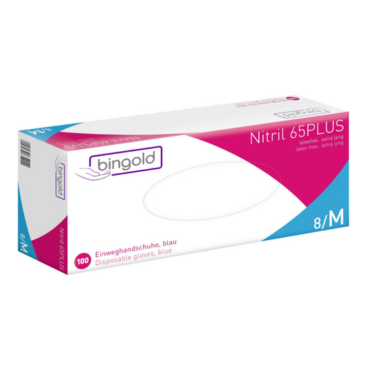 Das Paket „Bingold Nitril 65PLUS Handschuhe, blau“ der BINGOLD GmbH + Co. KG beinhaltet 100 extralange, latexfreie blaue Handschuhe aus Nitril-Butadien-Kautschuk mit mikrotexturierter Fingerkuppe für besseren Halt in der Größe 8/M.