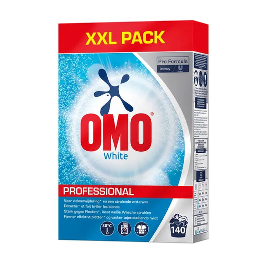 Frontansicht der OMO Professional White Vollwaschmittel XXL Packung (7 kg) von Diversey Deutschland GmbH & Co. OHG, mit Branding und Info; geeignet als Waschmittel für weiße Wäsche für bis zu 140 Waschladungen.