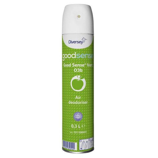 Eine 300-mL-Dose Diversey Good Sense Vert Raumspray-Lufterfrischer und Geruchsneutralisierer der Diversey Deutschland GmbH & Co. OHG, mit grünem Etikett mit Apfelsymbol, weißer Sprühdüse und aufgedruckter Produktinformation auf der Vorderseite.