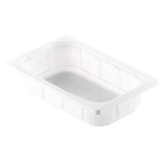 Die Duni GmbH PP Schale 1/4 GN Weiß PP ist eine rechteckige weiße Speiseschale mit geraden Seiten, flachem Rand und dezenten vertikalen Rillen zur Unterstützung, die für die Gastronomie als stabiler 1/4 GN-Behälter konzipiert ist.