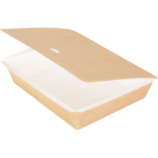 Eine rechteckige Duni GmbH Pappbox, L (195x165x45 mm), aus hellbraunem Braun Karton/PE, ist leer mit teilweise geöffnetem Deckel vor weißem Hintergrund abgebildet, was die umweltfreundliche Verpackung hervorhebt. Packung: 250 Stück.