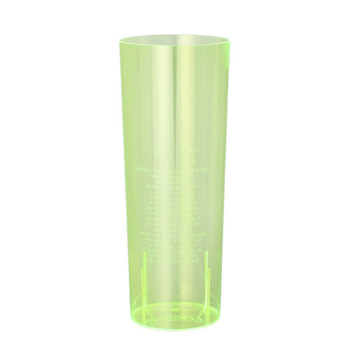 Ein transparentes, hohes, zylindrisches, grünes Starpak Longdrink-Glas (0,3 l, Ø 5,85 cm - 15,2 cm) steht aufrecht auf weißem Hintergrund mit leicht verjüngter Form und schwacher weißer vertikaler Schrift an der Seite.