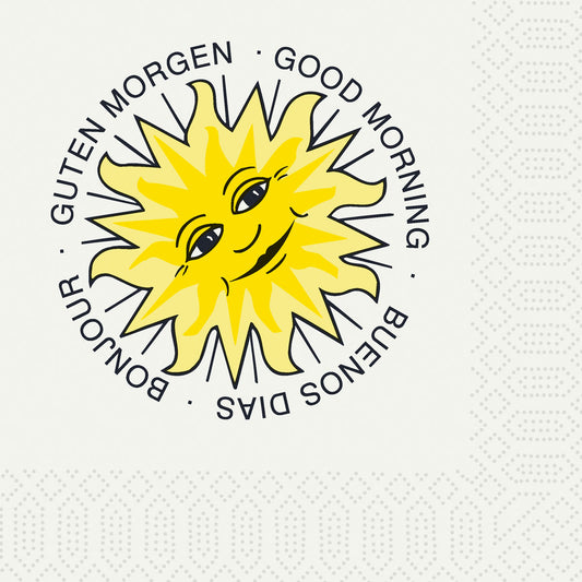 Eine lächelnde gelbe Sonne steht im Mittelpunkt der 3-lagigen, 24 x 24 cm großen Zelltuchservietten der Duni GmbH. "GOOD MORNING", "BUENOS DIAS", "BONJOUR" und "GUTEN MORGEN" bilden einen fröhlichen Kreis darum. Packung: 250 Stück.