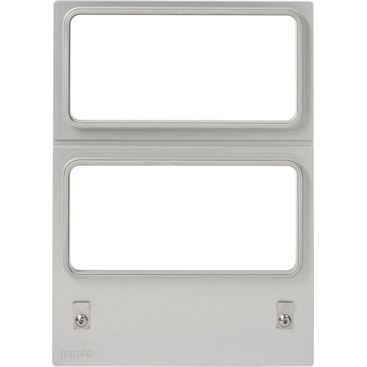 Die Kassette DF10 für Sandwich Tray 181x96x85 mm (2-nutzig) der Duni GmbH hat einen silbernen Rahmen mit zwei rechteckigen Öffnungen, zwei Schrauben an den unteren Ecken und die Nummer "186166" unten links auf weißem Grund.