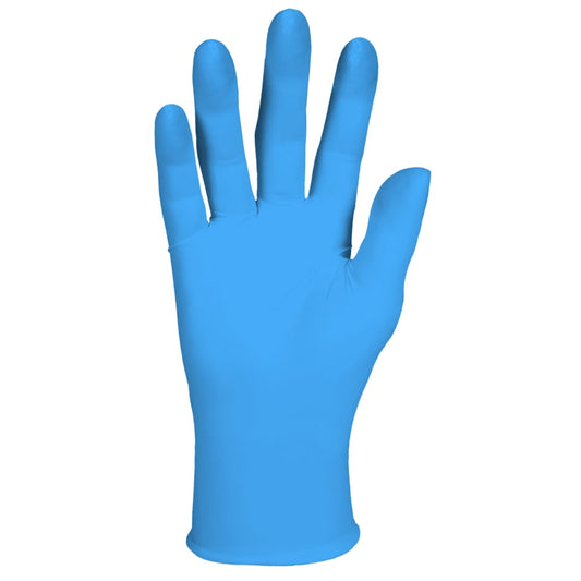 Ein einzelner KleenGuard® G10 2PRO blauer Nitril-Handschuh (23 cm, beidhändig) von Kimberly-Clark GmbH wird aufrecht mit ausgestreckten Fingern vor weißem Hintergrund gezeigt - chemikalienbeständig, ideal für die Lebensmittelverarbeitung.