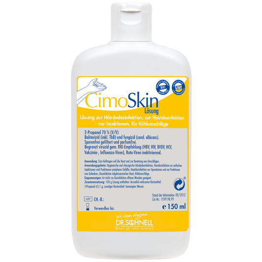 Eine 150 ml Flasche Dr. Schnell CIMOSKIN Händedesinfektion der DR.SCHNELL GmbH & Co. KGaA, mit gelb-weißem Etikett mit Anweisungen zur hygienischen Desinfektion und blau-weißem Flip-Top-Verschluss.