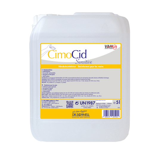 Der weiße 5L Kunststoffbehälter der Dr. Schnell CIMOCID SENSITIVE Händedesinfektion der DR.SCHNELL GmbH & Co. KGaA mit gelbem Etikett bietet sanften Hautschutz und wirksame Keimreduzierung mit mehrsprachigen Anwendungs- und Sicherheitshinweisen.