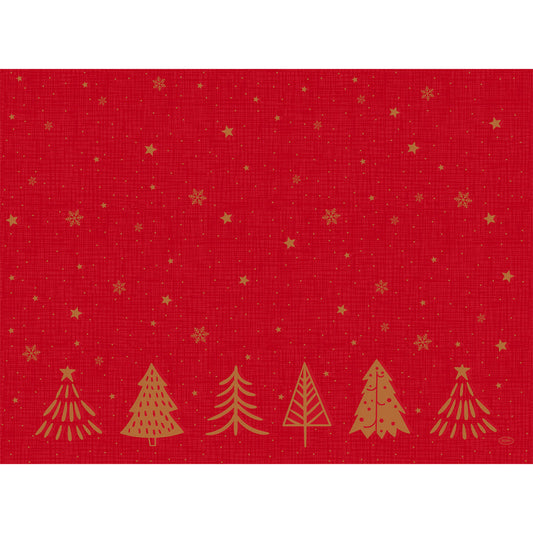 Ein festlicher roter Hintergrund mit goldenen Sternen, Schneeflocken und sechs goldenen Bäumen im Shimmer Trees Design - perfekt für die Bio-Dunicel-Sets 30x40 Shimmer Trees | Packung (100 Stück) der Duni GmbH.
