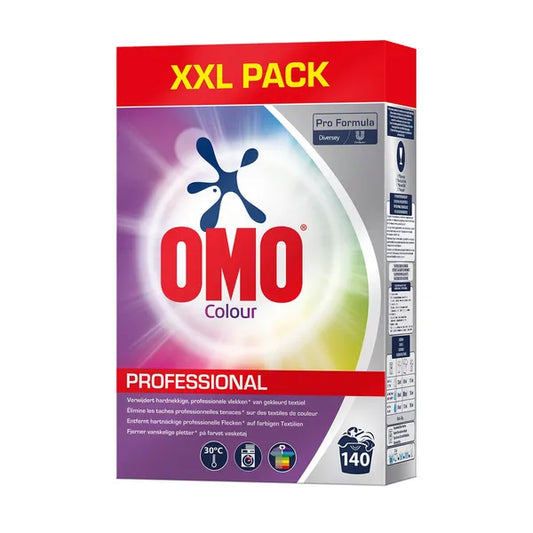 Das OMO Professional Colour Vollwaschmittel XXL Pack von Diversey Deutschland GmbH & Co. OHG enthält 7 Packungen, verfügt über lebendige Grafiken und Waschsymbole und bietet Waschmittel für bunte Wäsche für bis zu 140 Wäschen.