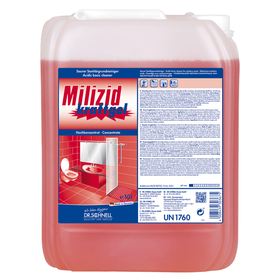 Um recipiente grande e transparente de plástico da Dr. Schnell Limpador sanitário MILIZID Kraftgel (ácido, para limpeza profunda) da DR.SCHNELL GmbH & Co. KGaA, contendo um líquido vermelho e um manual de instruções em alemão para a remoção de depósitos minerais.