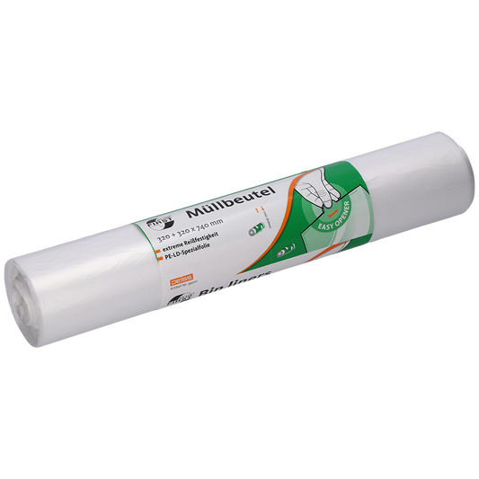 Abgebildet ist eine Packung mit 50 transparenten DEISS 39001 Müllbeuteln (320+320x740 mm) der EMIL DEISS KG. Die Verpackung zeigt grüne und orangefarbene Etiketten mit deutschem Text und einer Handgrafik zur einfachen Beutelentnahme.