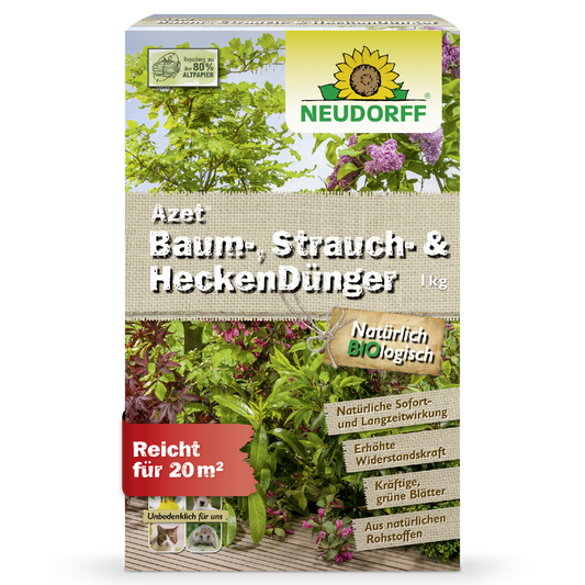 Azet Baum-, Strauch- & HeckenDünger (1kg) von Neudorff Shop, mit Abbildungen von grün- und rotblättrigen Gehölzen und übersichtlicher Produktinformation auf der Vorderseite - perfekt für Gartenfreunde.