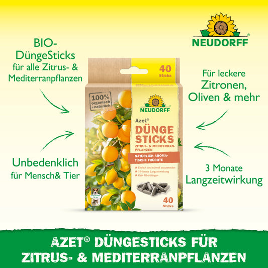 Gezeigt wird eine Packung Neudorff Shop Azet Düngesticks für Zitrus- & Mediterranpflanzen. Die Bio-Formel ist sicher für Menschen und Haustiere, nährt Zitruspflanzen für 3 Monate und ist perfekt für Balkone oder Terrassen mit Zitronen oder Oliven.