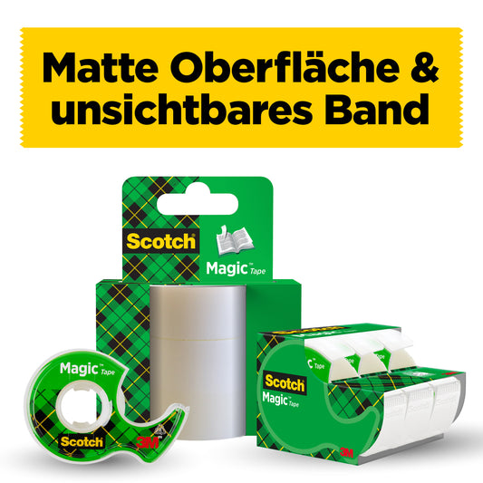 Ein Display der 3M Deutschland GmbH Scotch® Magic™ Unsichtbares Klebeband 8-1925R3 Nachfüllpackung (19 mm x 25 m, 3 Rollen/Packung) in grün karierter Verpackung. Oben steht auf einem gelben Banner "Matte Oberfläche & unsichtbares Band".