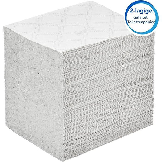 Abgebildet ist ein großer, rechteckiger Stapel von weißem, zweilagigem Scott® Control™ Einzelblattsytem Toilettenpapier der Kimberly-Clark GmbH. Die Packung enthält 36 Packungen à 220 Blatt für dauerhaften Komfort. Auf einem Etikett steht "2lagig, gefaltetes Toilettenpapier.