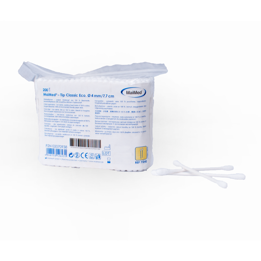MaiMed -Tip Classic ECO (cabeça pequena) cotonetes não estéreis, bastão de papelão, 200 peças/saco | Pacote (200 peças)