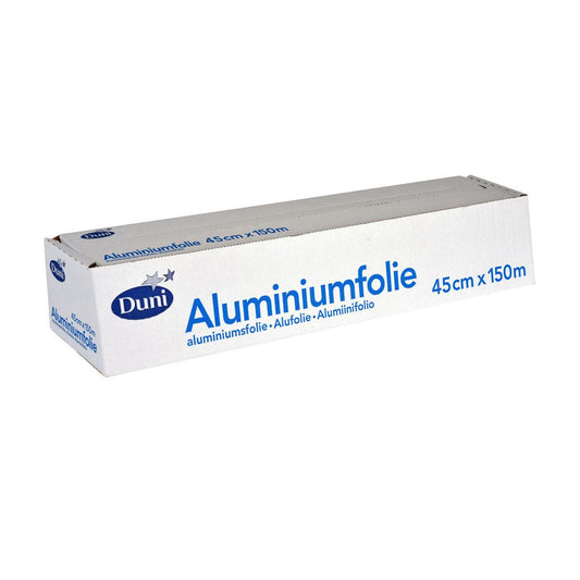 Die Duni GmbH Aluminiumfolie, Abrollkarton Silber ALU ist eine rechteckige silberne Rolle, beschriftet mit "Aluminiumfolie", hitzebeständig und ideal für Lebensmittelverpackungen, mit Abmessungen von 45 cm x 150 m.