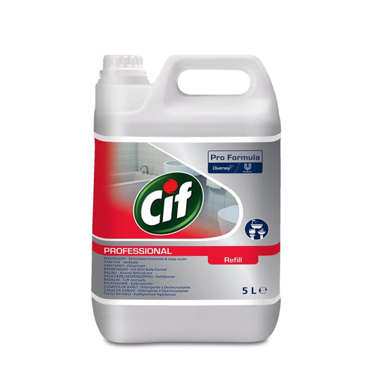 Ein weißer 5-Liter-Kunststoffbehälter des Cif Professional Badreiniger 2in1 der Diversey Deutschland GmbH & Co. OHG von Cif Professional Badreiniger 2in1 mit Griff und Schraubverschluss. Das Etikett zeigt das Cif-Logo, Produktdetails, ein sauberes Badbild und die Eigenschaften des Kalk- & Badreiniger Duftneutralisators.