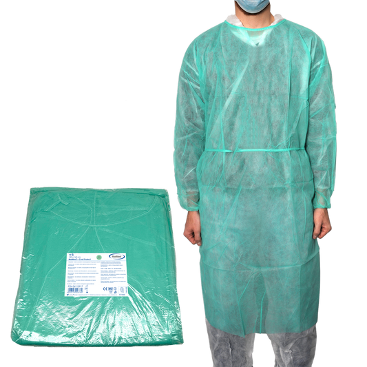 MaiMed-Coat Protect, bata protetora em lã, verde não estéril, punhos elásticos, comprimento 120cm, 10 peças | Pacote (10 peças)