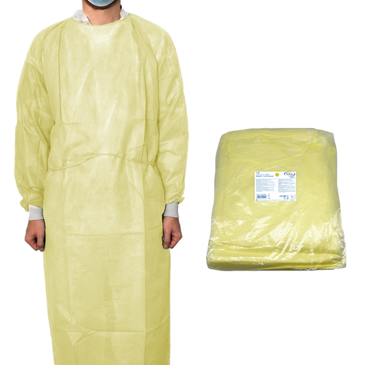 MaiMed-Coat ViruGuard, bata protetora em lã, punhos BW amarelos, 140x140cm, 10 unidades/pacote Série: Protect | Pacote (10 peças)