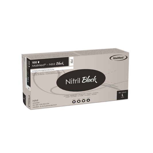 Luvas MaiMed-Nitrile Black pretas, não estéreis, sem pó e sem látex, 100 peças/caixa