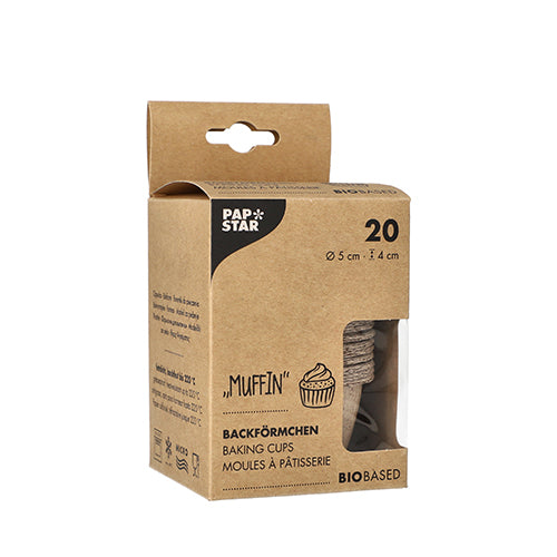Die PAPSTAR 20 Muffins-Backförmchen (5 cm Ø, 4 cm hoch) bestehen aus Frischfaser und Kakaoschalen. Verpackt in einer Faltschachtel mit Sichtfenster und mehrsprachigem Infomaterial. Marke: PAPSTAR GmbH.