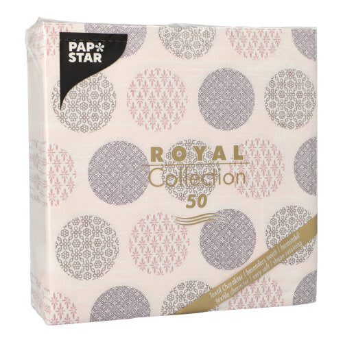 Ein 50er-Pack PAPSTAR Servietten "ROYAL Collection" 1/4-Falz 40 x 40 cm in rosa von PAPSTAR GmbH, mit dekorativem Design und Produktangaben auf der Vorderseite.