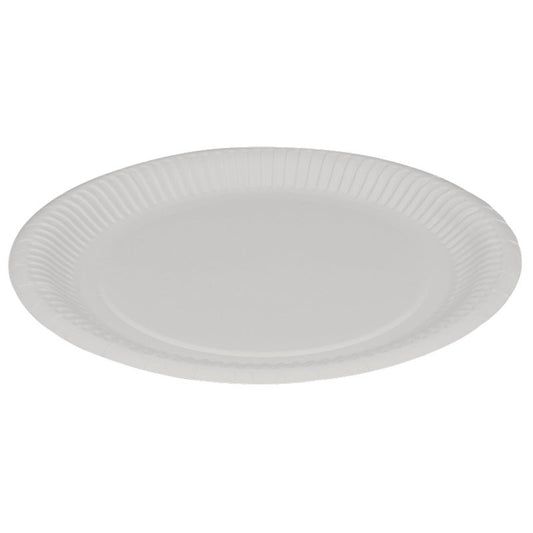 Der Abena Re-Seller GmbH Pappteller, Flach ø 23 cm, Weiß (Packung mit 50 Paaren) ist umweltfreundlich und mit leicht erhöhtem, geriffeltem Rand ideal als Party Teller für jedes Event - schlichtes Design auf weißem Hintergrund.
