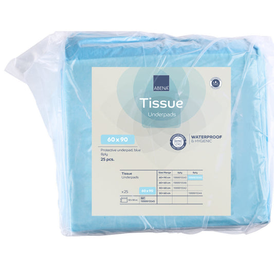 Eine Packung mit 25 Abena Re-Seller GmbH 8-lagige Einweg-Unterlage, Tissue, 60x90 cm in blau. Die wasserfesten und hygienischen Einlagen werden in der praktischen blauen Verpackung geliefert.