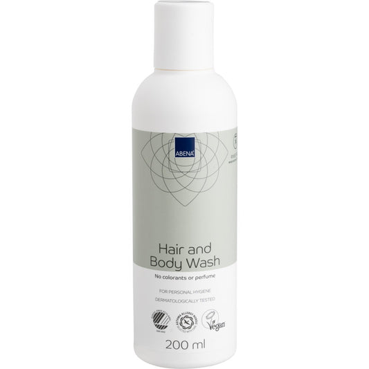 Eine weiße und hellgraue 200 ml Flasche Abena Re-Seller GmbH Haar- und Körpershampoo "Waschen ohne Wasser" für die Körperpflege, vegan, dermatologisch getestet und frei von Farbstoffen und Parfüm. Erhältlich im Karton mit 6 Packungen.