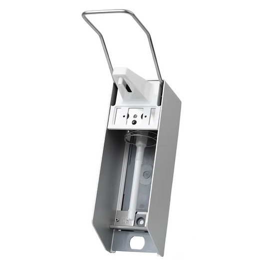 Wir präsentieren den AMPri Wandspender der AMPri Handelsgesellschaft mbH, konzipiert für 500 ml Desinfektionsmittel und Seife. Dieser wandmontierte Spender hat ein elegantes silbernes Äußeres und eine hygienische Abgabe, komplett mit einem langen Hebel für mühelose Bedienung. Im Inneren befindet sich eine Druckpumpenflasche.