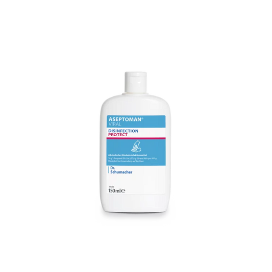 Eine weiße Kunststoffflasche der Dr. Schumacher Aseptoman® Viral Händedesinfektion der Dr. Schumacher GmbH mit blauen und rosafarbenen Akzenten, die 150 ml des hautfreundlichen viruziden Händedesinfektionsmittels enthält, dargestellt auf einem schlichten weißen Hintergrund.