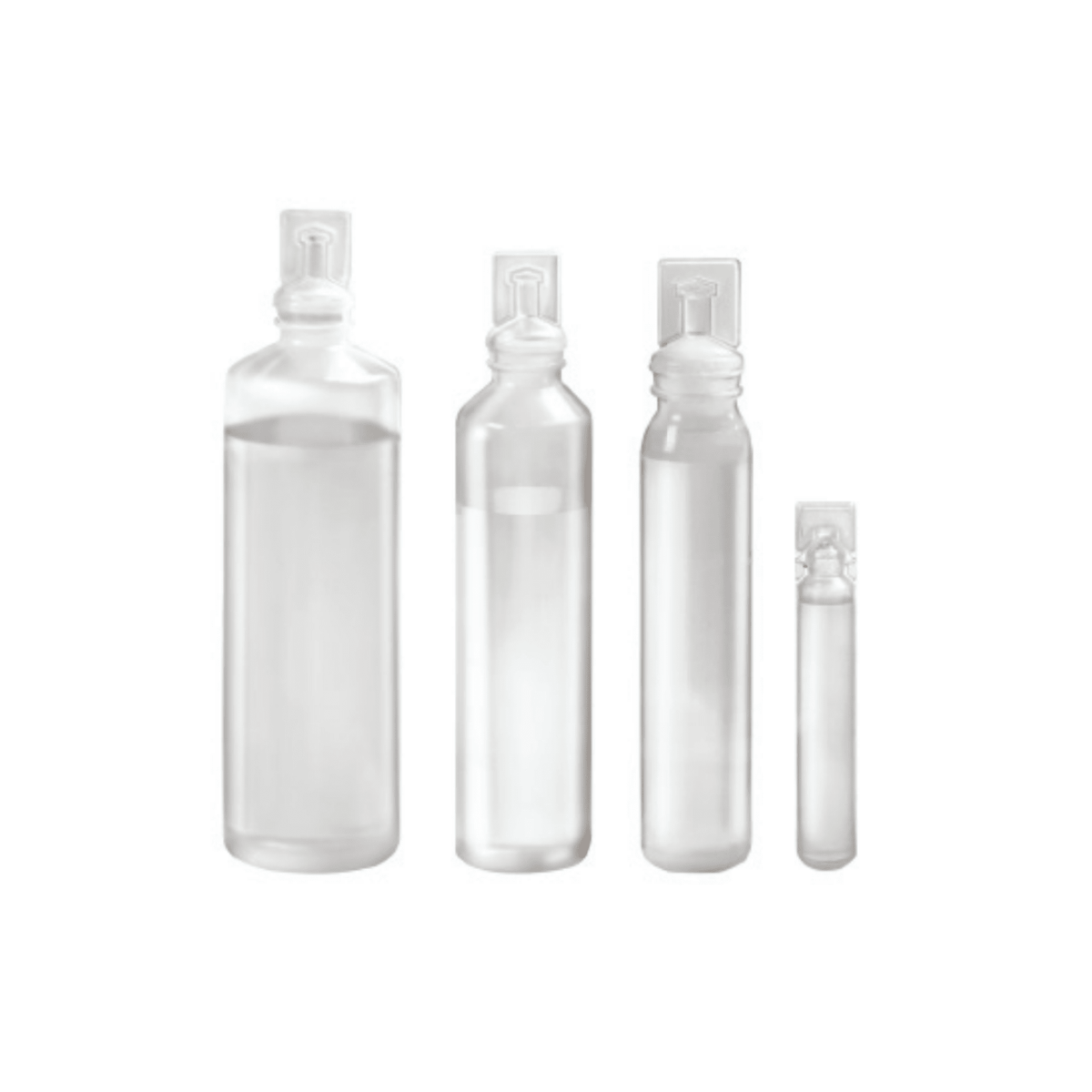 Quatro transparentes B. Braun NaCl 0,9% Ecolav® Solução de lavagem tópica – frascos, fabricada por B. Braun A Deutschland GmbH & Co. KG apresenta-as dispostas em fila, da maior à menor. Cada frasco foi concebido para uma solução de NaCl a 0,9% e possui uma tampa plana selada com um design minimalista, sem etiquetas nem marcações visíveis.