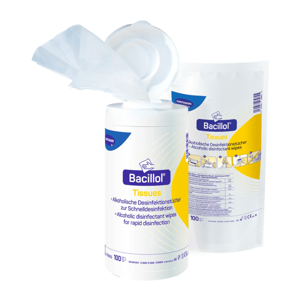 Um recipiente com toalhetes desinfetantes alcoólicos BODE Bacillol® AF, com a tampa aberta e um toalhete parcialmente retirado, ao lado da embalagem do produto com as instruções de utilização e a composição. Marca: Paul Hartmann AG