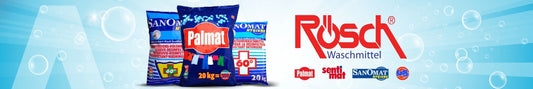 Werbebanner für Rösch Waschmittel. Links im Bild sind drei große Waschmittelbeutel der Marke „Palmat“ bzw. „Sanomat“ abgebildet, jeweils mit Angaben wie „20 kg“ und Waschtemperatur „60 °“. Rechts im Bild steht groß das rote Logo „Rösch Waschmittel“. Unten sind die Markenlogos „Palmat“, „SentoMat“, „Sanomat“ und „Rösch Clean“ zu sehen. Der Hintergrund ist hellblau mit stilisierten Wasserblasen.