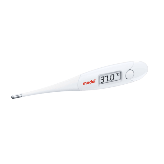 Das Auslaufartikel Medel Digitales Express Fieberthermometer von Beurer GmbH zeigt 37,0°C auf dem Display, hat ein weißes Gehäuse, flexible Messspitze, kleinen Knopf und den roten "Medel"-Schriftzug.