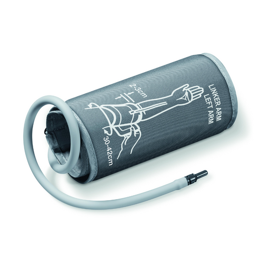 Die Beurer GmbH XL-Manschette für Oberarm-Blutdruckmessgerät BM 58 (Auslaufartikel, 1 Stück) ist eine graue Manschette (30-42 cm) mit Schlauch für den linken Arm, mit entsprechender Platzierungsdarstellung und Messbereichen auf der Packung.