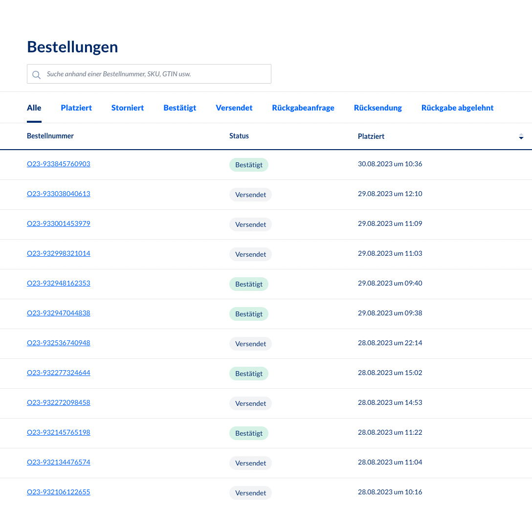 Uma captura de tela do sistema de gestão de pedidos de backend Altruan MetroSync: Metro Market para processamento de pedidos Weclapp, mostrando uma tabela com números de pedidos e atualizações de status. Cada linha contém número do pedido, status, SKU, data e hora de criação. A maioria dos status mostra