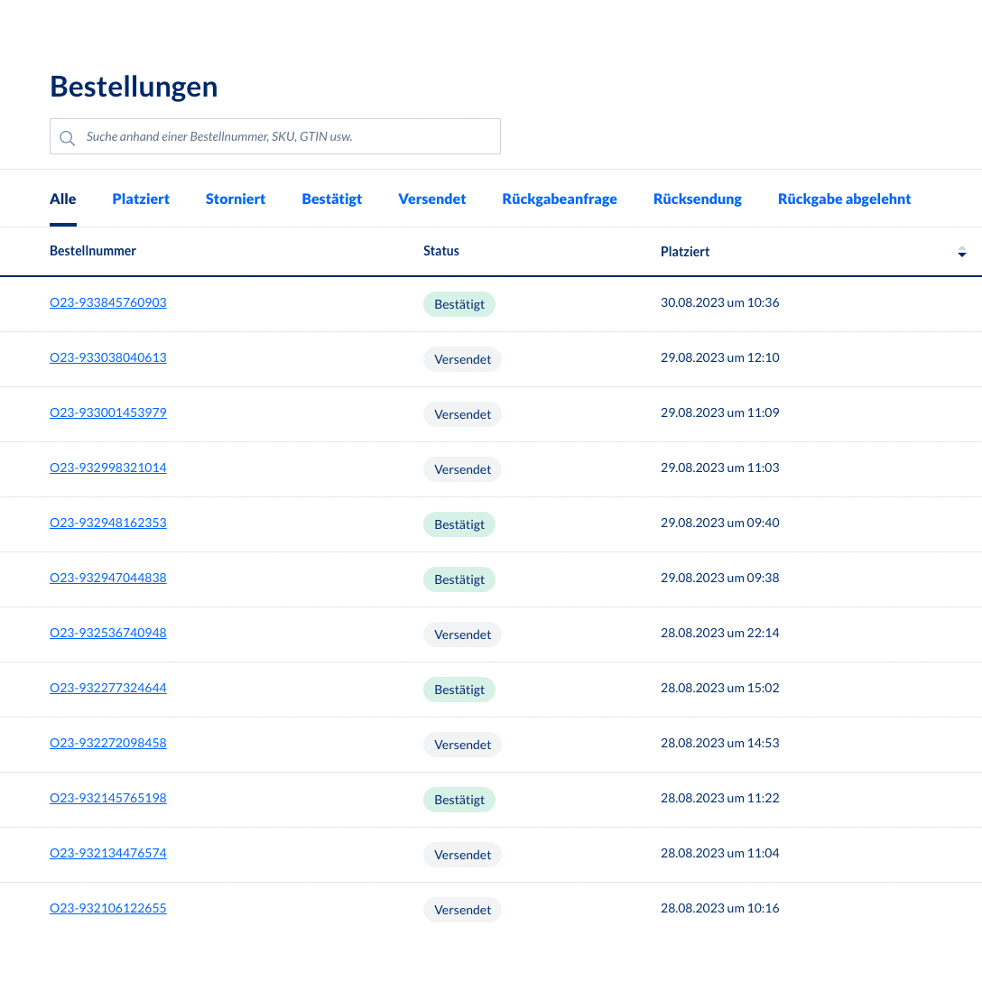 Uma captura de tela do sistema de gestão de pedidos de backend Altruan MetroSync: Metro Market para processamento de pedidos Weclapp, mostrando uma tabela com números de pedidos e atualizações de status. Cada linha contém número do pedido, status, SKU, data e hora de criação. A maioria dos status mostra