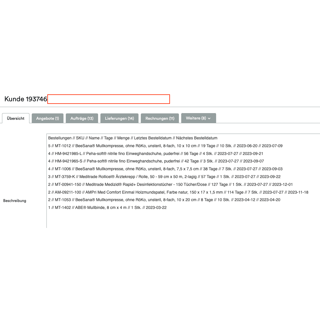 Uma captura de tela mostrando uma interface Altruan ClientView Orders com várias abas como "Visão geral", "Ofertas" e mais. No topo, o número de cliente 193746 está destacado. A seção seguinte mostra a visão geral do cliente Weclapp por produtos comprados.