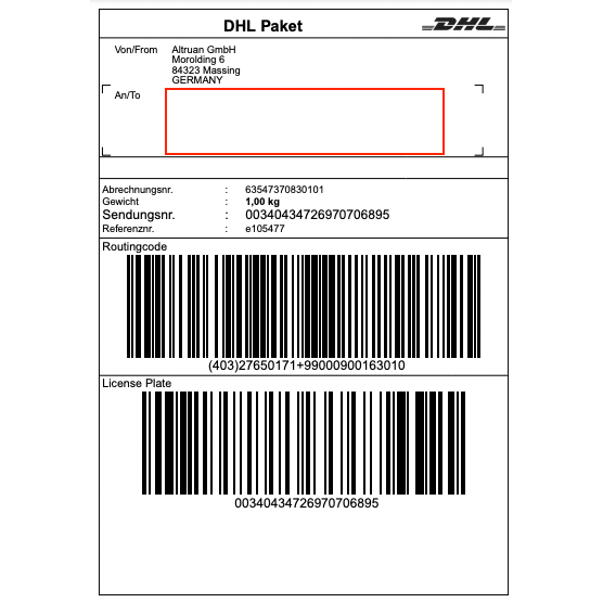 Uma etiqueta DHL da Altruan GmbH (Morolding 6, 84323 Massing, Alemanha) contém códigos de barras e um peso de 1,00 kg com o número de rastreamento 00340434276970706895. O endereço do destinatário está vazio para atualizações através do aplicativo PackMaster: Weclapp Logistik Packing App para melhorar a eficiência das etiquetas de envio.