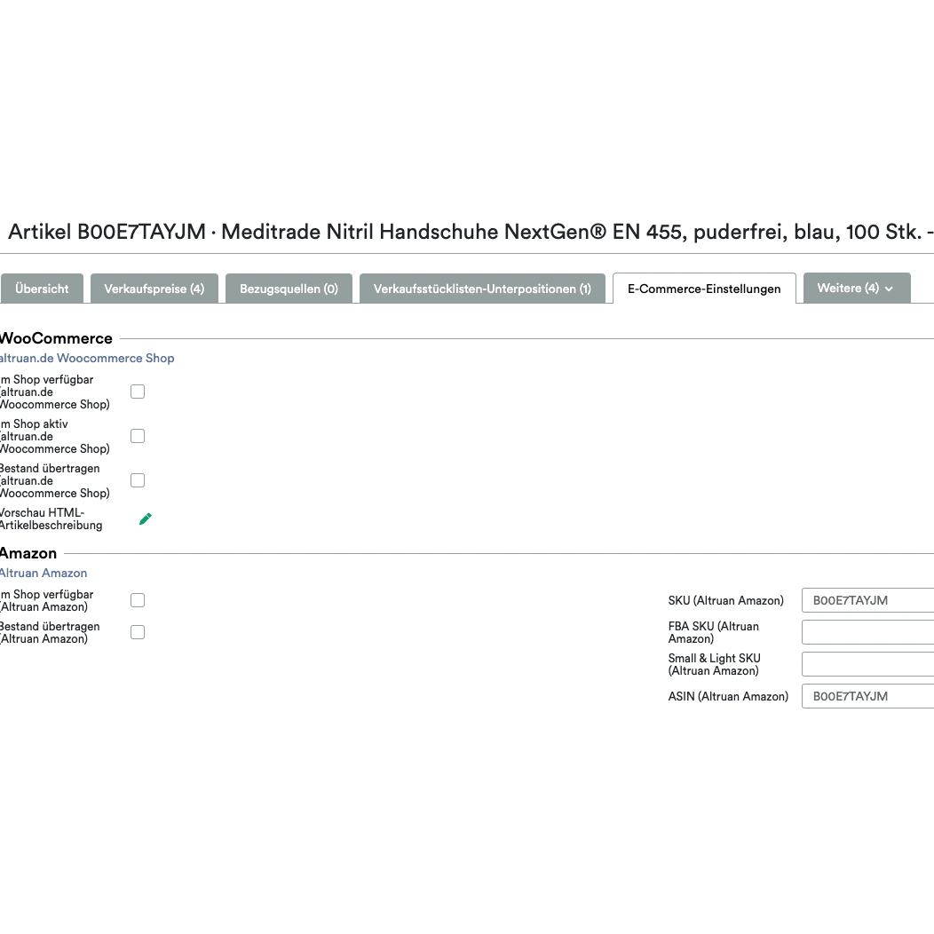 Captura de tela de uma interface Altruan UnitTable Sync: Weclapp Embalagens e Gerador de Lista de Materiais, mostrando os detalhes da listagem de luvas de nitrilo Meditrade NextGen EN 455. Tamanho e quantidade são indicados. Também são visíveis Marketplace-S.