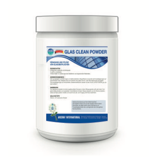 Ein weißer Kunststoffbehälter mit 1 kg Arcora Glass Clean Powder Spezialreiniger von Arcora International GmbH, mit blauen Akzenten und Glasplattengrafik. Ideal zum Reinigen von Glasoberflächen und Entfernen von Kalkrückständen. Deckel zum Aufschrauben; weißer Hintergrund.