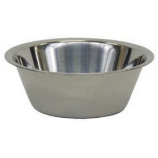 Die Novocal Schale für Schalenständer ist eine Schale aus rostfreiem Stahl mit einem oberen Innendurchmesser von 290 mm und einem unteren Außendurchmesser von 190 mm. Sie ist mit einem breiten Rand und einer glatten, spiegelnden Oberfläche auf weißem Hintergrund versehen. Packung (1 Stück).