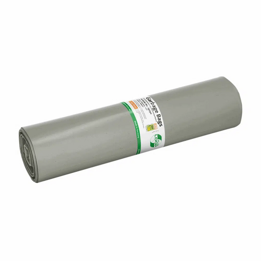 Die DEISS LOOP PLUS Abfallsäcke 29290, eine 120 Liter fassende graue Kunststoffplane der Marke EMIL DEISS KG (GmbH + Co.), sind mit Texten und Symbolen in auffälligen grünen und schwarzen Markierungen versehen. Die zylindrische Plane besteht aus recyceltem Material und entspricht den Prinzipien der Kreislaufwirtschaft, sodass sie vielseitig einsetzbar ist.