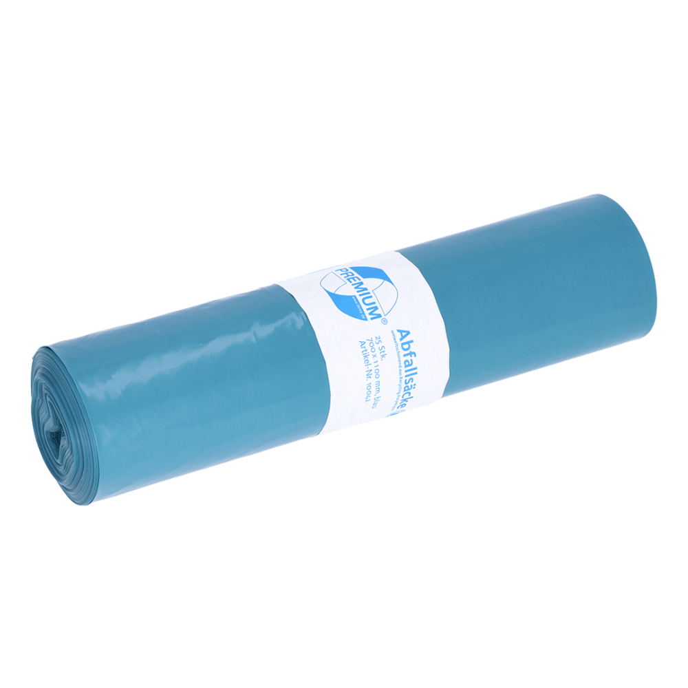 Um rolo compacto de sacos de lixo azuis fabricados a partir de material reciclado pela EMIL DEISS KG (GmbH + Co.). Cada saco possui, no centro, uma etiqueta branca com texto e logótipo e foi concebido para uma capacidade de até 120 litros de lixo.